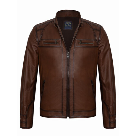 Front Pockets Shoulder Details Racer Leather Jacket // Chestnut (S)