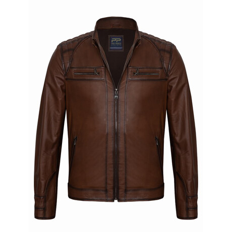 Front Pockets Shoulder Details Racer Leather Jacket // Chestnut (XS)