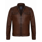 Front Pockets Shoulder Details Racer Leather Jacket // Chestnut (L)