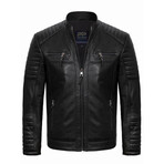 Shoulder & Arms Details Casual Racer Leather Jacket // Black (XL)