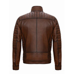 Mock Neck Quilted Shoulders Racer Leather Jacket // Chestnut (3XL)