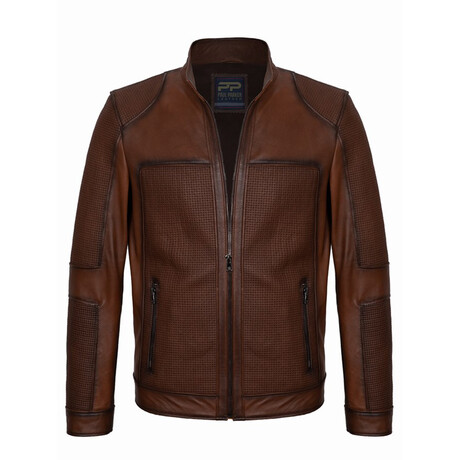 Mock Neck Textured Racer Leather Jacket // Chestnut (S)