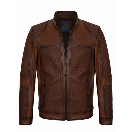 Mock Neck Textured Racer Leather Jacket // Chestnut (XS)