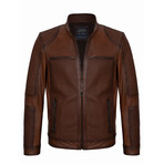 Mock Neck Textured Racer Leather Jacket // Chestnut (M)