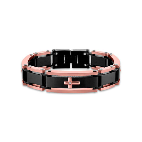 0.03Ctw Stainless Steel Bracelet With Black + Rose Iron Plating Crosses