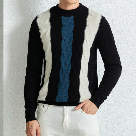 Textured Merino Wool Sweater// Black + White + Blue (XS)