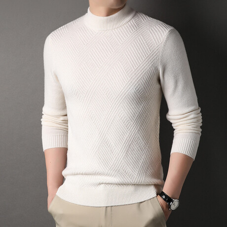 Diamond Pattern Wool Mock Neck Sweater // Cream (L)