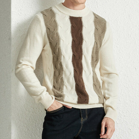 Textured Merino Wool Sweater// White + Brown + Beige (XS)