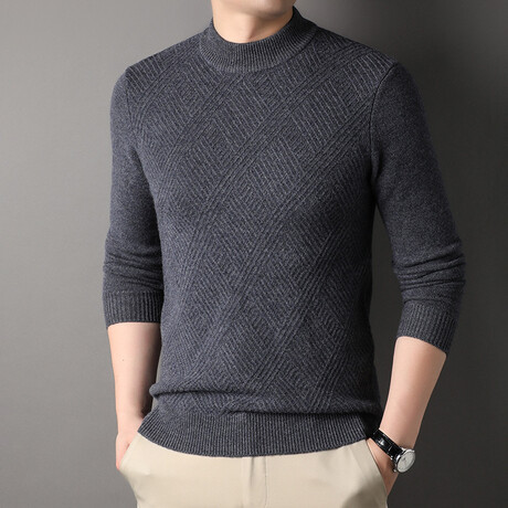 Diamond Pattern Wool Mock Neck Sweater // Gray (XS)