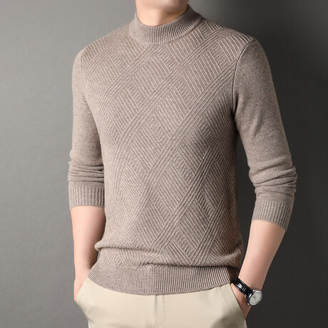 Diamond Pattern Wool Mock Neck Sweater // Light Brown (XS)