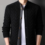 Button Up Cardigan Knitt Mock Neck Cardigan // Black (XL)