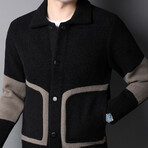 Button Up Cardigan Shawl Neck Cardigan // Black + Beige (XL)