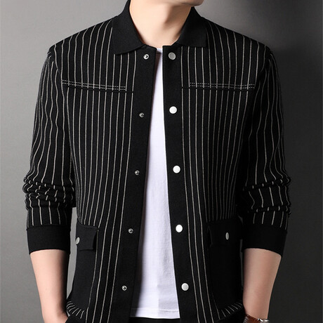 Button Up Cardigan Shaw Neckl Striped Cardigan // Black (XS)