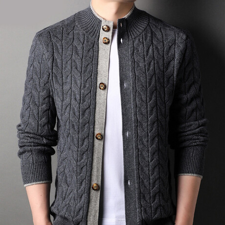Button Up Cardigan Knitt Mock Neck Cardigan // Gray (XS)