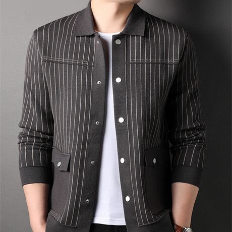 Button Up Cardigan Shaw Neckl Striped Cardigan // Gray (XS)