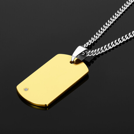 Diamond Accent + Gold Plated Tungsten Carbide Dog Tag Pendant Necklace // 24"