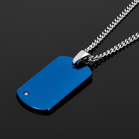 Diamond Accent + Blue Plated Tungsten Carbide Dog Tag Pendant Necklace // 24"