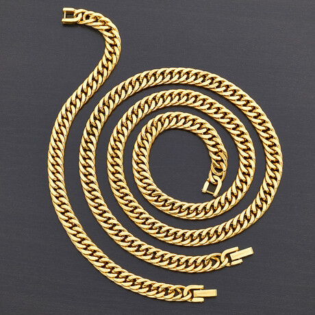 Polished Gold Plated Stainless Steel Curb Chain Set // Bracelet + Necklace Set // 8.25" + 24"