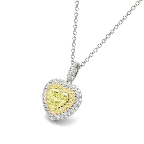 18k White Gold Fancy Yellow Heart Halo Cluster Pendant Necklace // 18" // New