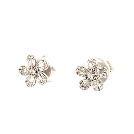 18k White Gold Tapered Baguette Flower Illusion Studs Earrings // New
