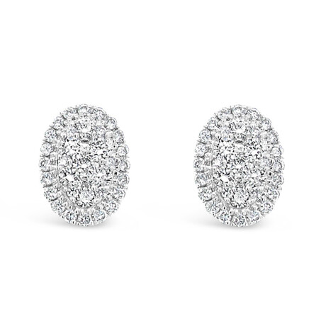 18k White Gold Oval Halo Cluster Studs Earrings // New