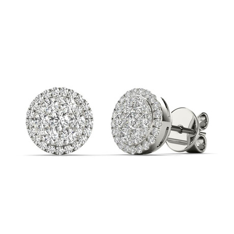 18k White Gold Round Halo Cluster Studs Earrings // New