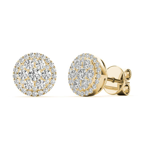 18k Yellow Gold Round Halo Cluster Studs Earrings // New