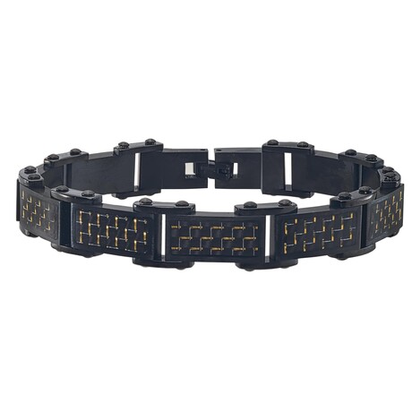 Stainless Steel Bracelet With All Black Iron Plating , Black + Gold Carbon Fibre Inlays