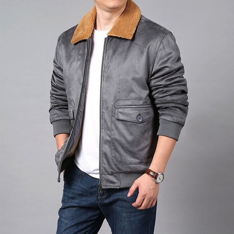 Trucker Jacket with Brown Collar // Gray (XS)