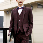 Mens 3pc Slim Fitted Suits  // Burgundy + Red Checks (M)