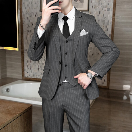 Mens 3pc Slim Fitted Suits  // Gray + Subtle Light Gray Pinstripes (S)
