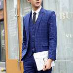 Mens 3pc Slim Fitted Suits  // Blue and Mustard Yellow Checks (S)