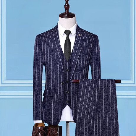 Mens 3pc Slim Fitted Suits  // Navy Blue + White Pinstripes (XS)