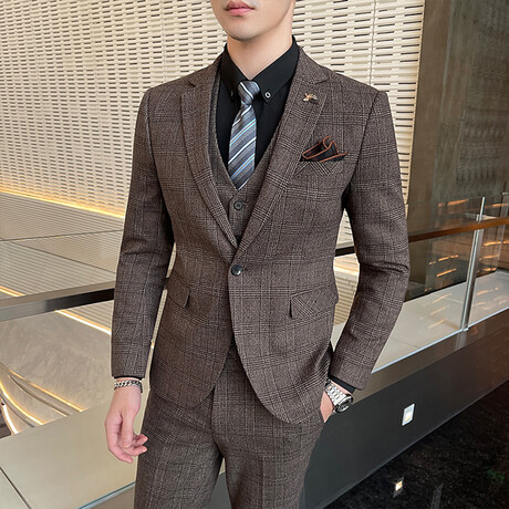 Mens 3pc Slim Fitted Suits  // Brown + Checks (XS)