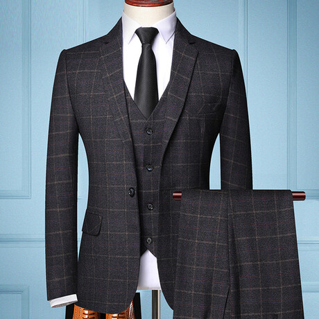 Mens 3pc Slim Fitted Suits  // Black + Beige Checks (XS)