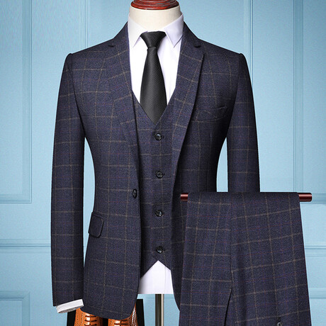 Mens 3pc Slim Fitted Suits  // Navy Blue + Beige Checks (XS)