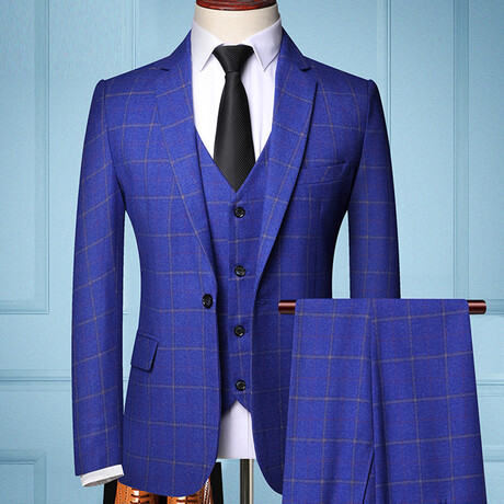 Mens 3pc Slim Fitted Suits  // Medium Blue + Beige Checks (L)