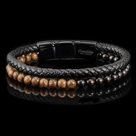Ebony Wood + Wenge Wood + Layered Leather Cuff Bracelet // 8.75"