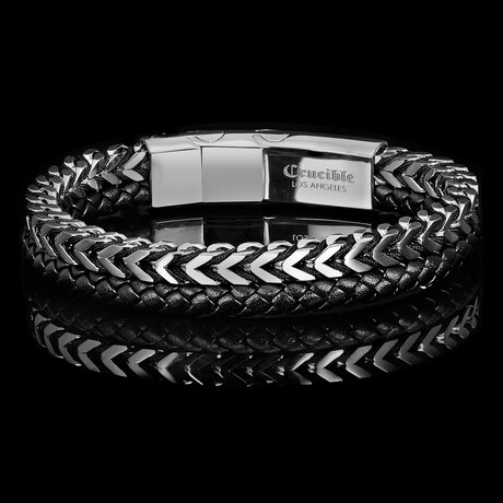 Polished Stainless Steel Franco Chain + Leather Cuff Bracelet // 8.5"