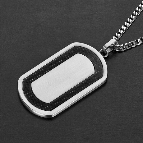 Carbon Fiber Inlay Brushed Stainless Steel Dog Tag Necklace // 24"