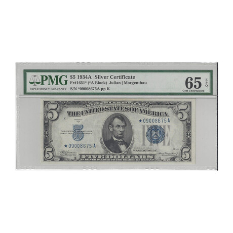 1934 A STAR $ 5 Silver Certificate PMG 65 # 675