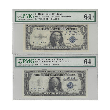 1935 D $ 1 Silver Certificate Wide and Narrow PMG 64 # 152 and 346