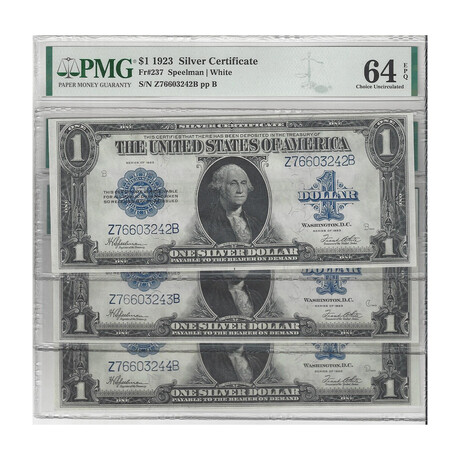 1923 $1 Silver Certificate 3 consecutive  242 - 244  2 x 64 EPQ and 1 x 63 EPQ