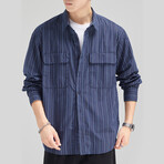 Z199 Navy Blue & Stripes Print // Shirt Jacket (M)