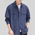 Z199 Navy Blue & Stripes Print // Shirt Jacket (XS)