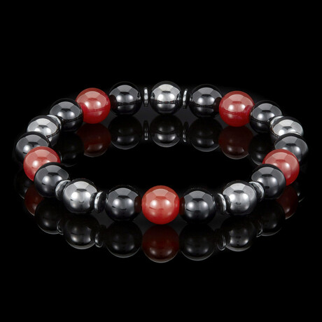 Red Agate + Onyx + Magnetic Hematite Stone Stretch Bracelet // 8.5"