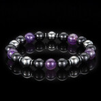 Amethyst + Onyx + Magnetic Hematite Stone Stretch Bracelet // 8.5"