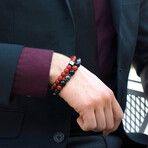 Red Agate + Onyx + Magnetic Hematite Stone Stretch Bracelet // 8.5"