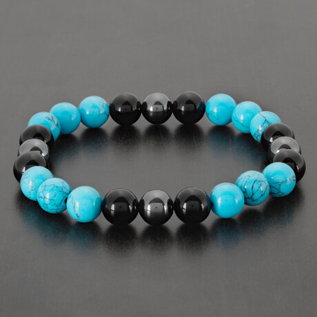 Turquoise + Onyx + Hematite Stone Stretch Bracelet // 9"
