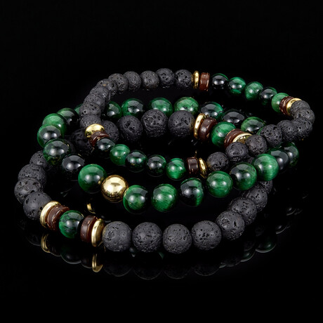 Green Tiger Eye + Gold Plated Hematite + Lava + Wood Bead Stretch Bracelets // Set of 3 // 8"
